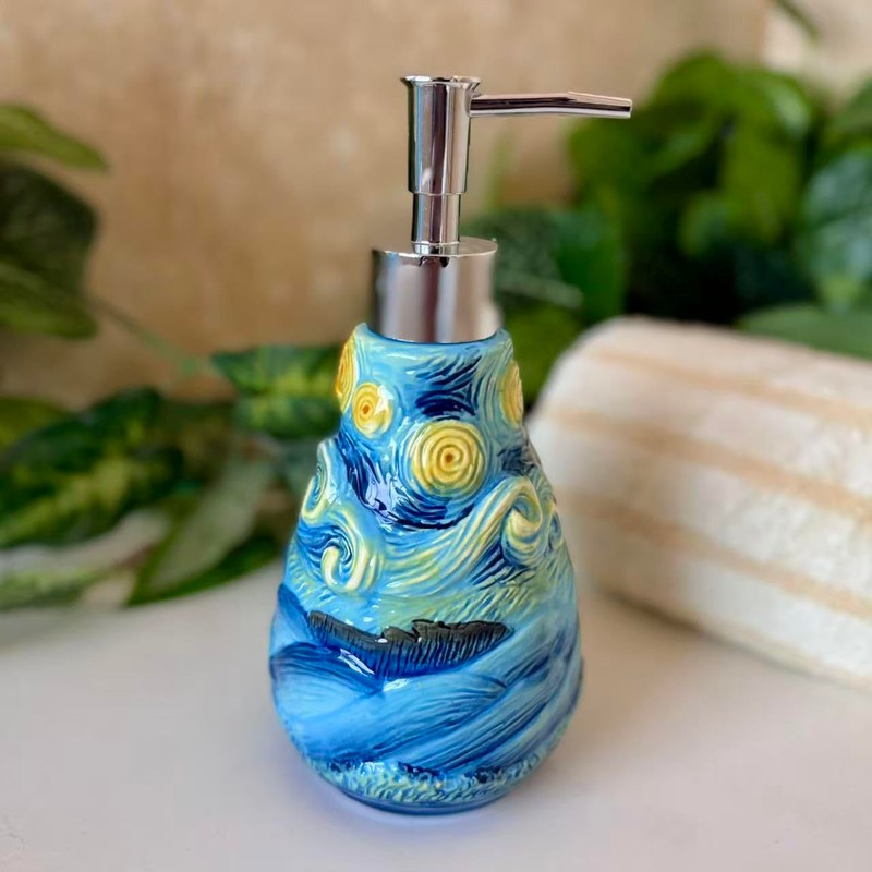 FORLONG Ceramic Soap Dispenser, 3D Hand-Painted Starry Sky Lotion Dispenser,