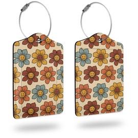 Luggage Tags for Suitcase,2 Pack Vintage Hippy Flower Leather Travel Cruise Luggage Tag with Privacy Flap,Name ID Label and Metal Loop for Women Girls Suitcase Backpack