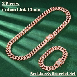 OWNCOOL 2 PCS Cuban Link Chain Iced Out Miami Cuban Necklace Bracelet Bling Diamond Hip Hop Jewelry for Men Women Rose Gold 7 20inch