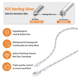 Andsion Italian 1.5mm/2.5mm 925 Sterling Silver Rope Chain, 18K Gold Plated Rope Chain Necklaces for Women, Hypoallergenic & Non Tarnish Women's Chain Necklaces 16 18 20 22 24 26 Inch, 24 Inch