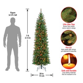 National Tree 7 Foot Kingswood Fir Pencil Tree with 300 Multicolored Lights, Hinged (KW7-313-70), 7 ft