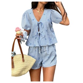 WDIRARA Women's Striped 2 Piece Set Bow Tie Blouse Drawstring Shorts Vacation Leisure Outfits Blue Large