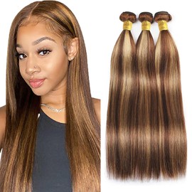 Jennandra P4/27 Highlight Human Hair Bundles, Straight, Brown, 14 inches, Tangle Free Sew-In Hair Extensions