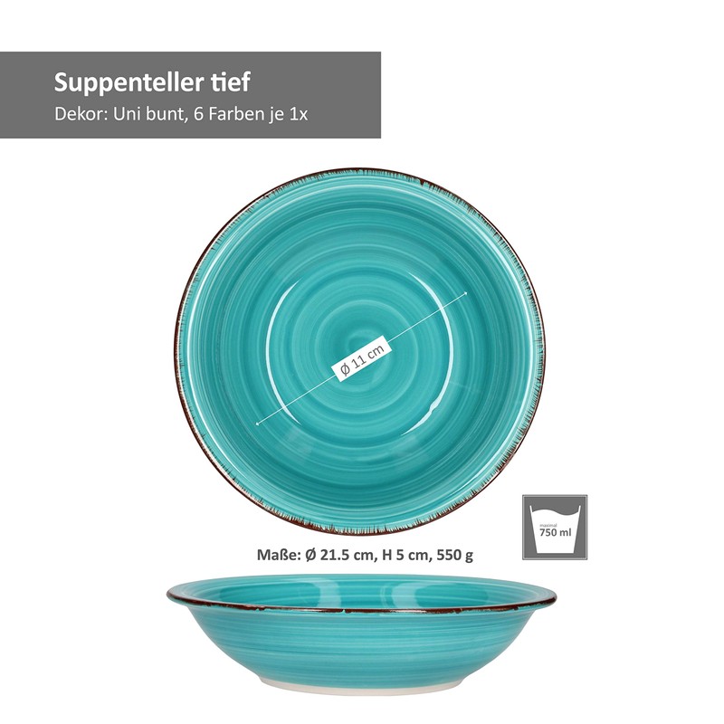 MamboCat 6 x Soup Plates Plain Colourful I Stoneware Crockery