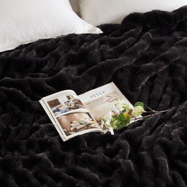 Hyde Lane Luxury Ruched Faux Fur Throw Blanket | Ultra Soft Cozy Puzzy Throw | Plush Black Mink Blankets for Sofa, Couch, Living Room, 50"x60"
