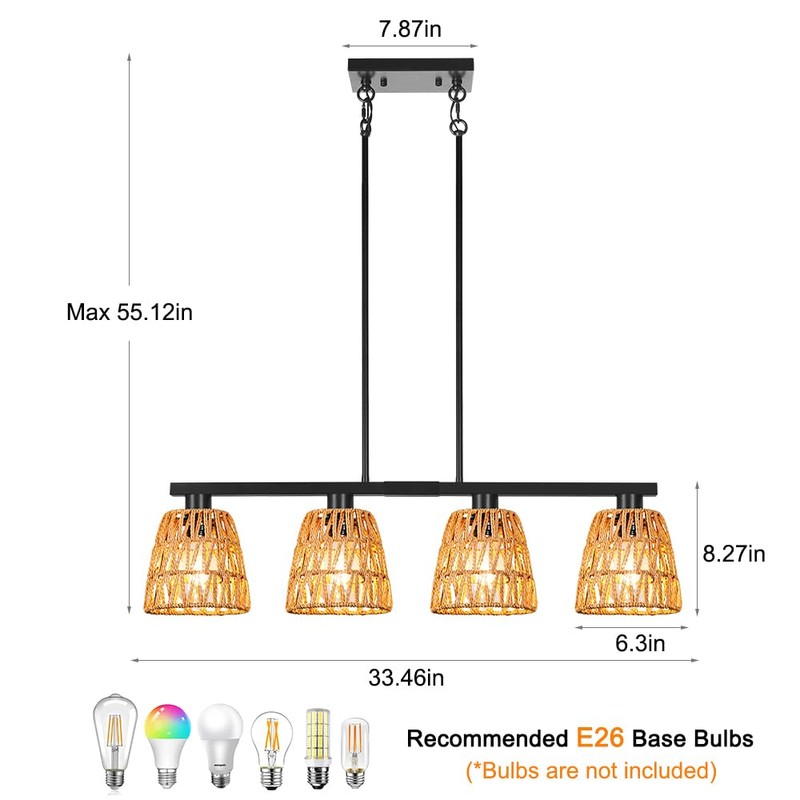 Black 4-Light Kitchen Island Lighting, Boho Rattan Dining Room Light