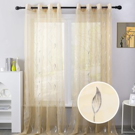 Youleyar Cortinas transparentes de gasa con estampado de lámina plateada, cortinas de mimbre con ojales en la parte superior de 72 pulgadas de largo, paneles de tratamiento de bronce metálico de lujo para decoración de ventanas del hogar, 2 paneles (beig
