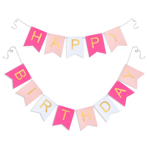 Pink Happy Birthday Banner -Roseo Pink White Hanging Backdrop Sign