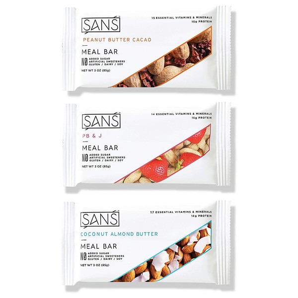 SANS Variety Meal Replacement Protein Bar | All-Natural Nutrition Bar with No Added Sugar | Dairy-Free, Soy-Free, and Gluten-Free | 16 Essential Vitamins and Minerals | (30 Pack)