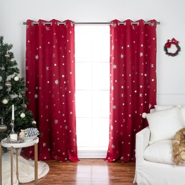 Best Home Fashion Set of 2 Blackout Silver Snowflake Curtain Pair, Silver Grommet Window Panels for Bedroom, Living Room, Holiday, Christmas, Sun Blocking Thermal Insulated (52" W x 84" L, RED)