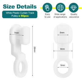 Mynoozi Pack of 50PCS Curtains Hooks White Plastic, Curtain Track Gliders for Ceiling Curtain Drape Track, Heavy-Duty, Fits 99.9% of Curtain Rails & Tracks (2.7x0.8cm)