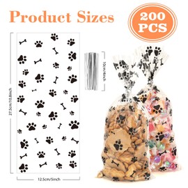 200 PCS Pet Paw Print Cellophane Bags, Dog Print Cellophane Treat Bags, Dog Treat Bag, Plastic Candy Cookie Gift Bag with 200 Silver Twist Ties for Dogs Birthday Party Favors Decorations, Black