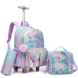 HTgroce Mermaid Rolling Backpack with Wheel,School Backpack for Kids Girl Roller Schoolbag Wheeled Backpacks Set Carry-on Luggage,Purple