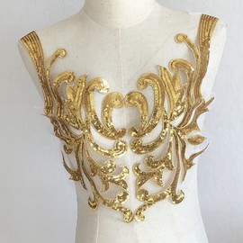 Yulakes Toppa ricamata in pizzo dorato con paillettes dorate, scollatura in pizzo, colletto elegante per abito da sposa, cucito, fai da te, decorazione per abiti da sposa, accessori di abbigliamento