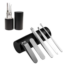 SurgeHai Nail Clipper Set, Stainless Steel Manicure Kit with Fingernail Clipper, Nail File, Cuticle Pusher, Eyebrow Clip, Ear Spoon and Travel Case, Set of 5 (Black)