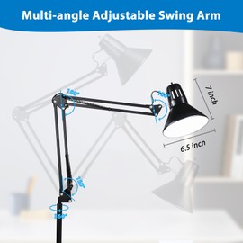 juttilax Swing Arm Desk Lamp for Home Office 360°Adjustable,Tall Metal Clamp on lamp with Bulb,Eye-Caring Clip on Desk Light for Computer Work Study Reading and Drafting
