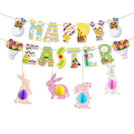 19 Pcs Easter Decorations,Easter Bunting,Easters Bunny Table Decorations For Home & School Party,