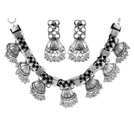 Indian Designer Statement Afghani Silver Oxidised Dual Tone Ethnic Traditional Tassel Choker Necklace Jewelry Women (Silver)