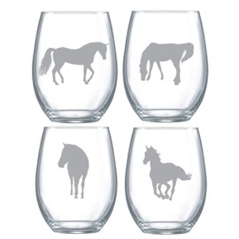 HORSE Wine Glasses - Set of 4 Unique HORSE Silhouette Designs LASER ENGRAVED - Gift for equine enthusiasts!