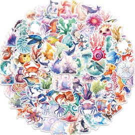 100pcs Ocean Animal Stickers for Kids, Cute Waterproof Vinyl Decal for Girl Teen Adult Student Water Bottle Laptop Phone Computer Skateboard Luggage Notebook (Watercolor Marine Animals)