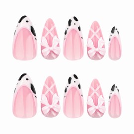 BABALAL Cow Print Press on Nails Medium Almond Fake Nails French Tip Glue on Nails with Bow Charm Acrylic Nails 24Pcs Stiletto Manicure Stick on Artificial Nails
