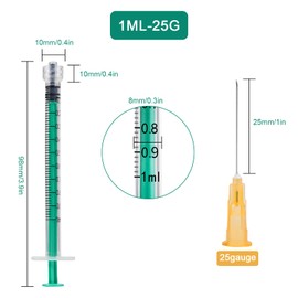 1ml Syringe with 25G 1Inch Lab Supplies, 1ml/cc Luer Lock Syringes for Scientific Labs, Measuring Liquid, Refilling Cartridges or Glue Applicator, Individual Package, 100 Pack（Green）