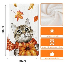 QITHGYD Set of 2 Autumn Tea Towels with Cat Motif, 40 cm x 60 cm, Autumn Tea Towel, Fall Decor Kitchen Towels for Autumn Decoration and Pumpkin Decoration, Ideal Autumn Decoration and Tea Towel