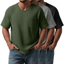 August Alley 3 Pack Big and Tall Men's V Neck T-Shirts Waffle Knit Short Sleeve Basic Plus Size Tee Casual Top with Pocket(Black, Army Green, Gray,X-Large)