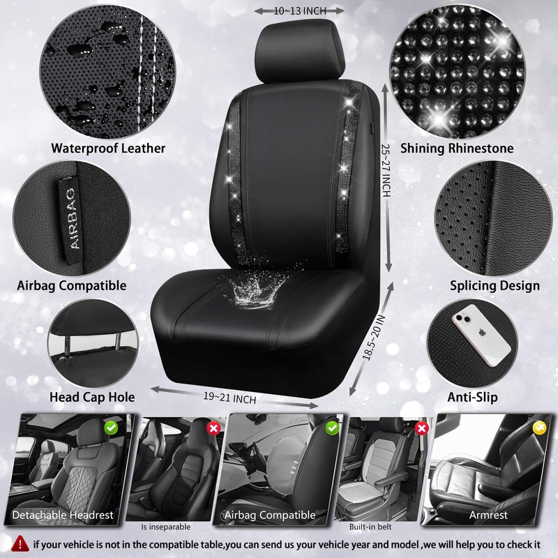 CAR PASS Leather Bling Diamond Car Seat Covers Full Set,