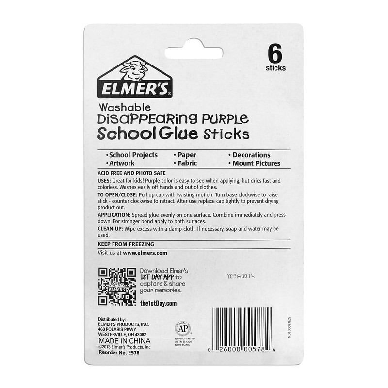 Elmer's Washable Disappearing Purple School Glue, 6 Giant Sticks (Pack