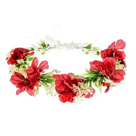 Accesyes Hawaii Hydrangea Headband Boho Green Leaves Floral Woodland Headpiece Flower Hair Wreath for Women Garland with Ribbon Wedding Party Festival Photo Prop (Rose Red, One size)