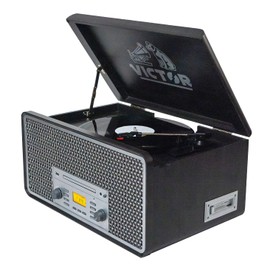 Victor VWRP-5000 Monument 8-in-1 Bluetooth Turntable with 3-Speed Vinyl Record Player, Cassette, CD Player, AM/FM Radio, USB, Aux Input, and Built-in Speakers – Ideal for Vinyl Lovers
