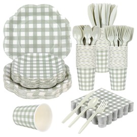 Houuqe 400 Pcs Gingham Party Supplies for 50 Guests Sage Green and White Scalloped Paper Plates and Napkins Knives Spoons Forks Cups Disposable Checkered Dinner Party Set for BBQ Baby Shower Wedding