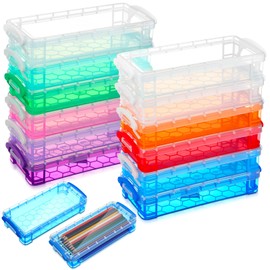 Gueevin 12 Pcs Large Capacity Plastic Pencil Box Clear Plastic Pencil Case Crayon Box with Snap Tight Lid Watercolor Pen Storage Brush Organizer Drawing Tools Container (Mixed Colors)
