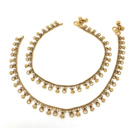 Duel On Jewel Gold Tone Plated Dainty Womens Indian Payal Bells Anklet Set For Everyday Party Beach Wear