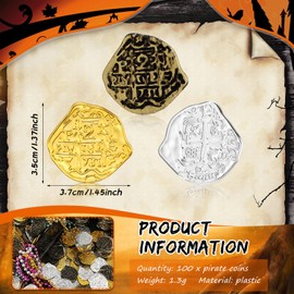 Hanaive 100 Pcs Pirate Coins Plastic Coins Kids Fake Play Coins Replica Spanish Doubloons for Pirate Party Treasure Chest Board Games Tokens Toys Cosplay St. Patrick's(Gold, Silver, Bronze)