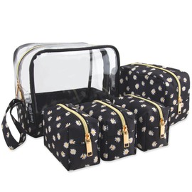 Emma & Chloe Travel Toiletry Bags for Women, 5 Piece Waterproof Cosmetic Case, Bag, Pouch Makeup Organizer Set for Women, Home Counters (Delicate White Daisies)