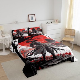 Feelyou Japanese Comforter Set Twin Size Samurai Comforter for Boys Girls Teens Sunset Bedding Set Traditional Retro Theme Duvet Set Room Decor Black Red White Quilt Set