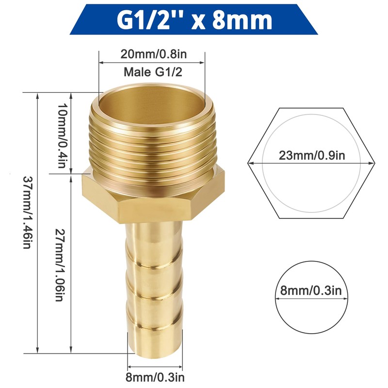 Brass Pipe Adapter, 12 Pieces 8 mm Barb x 1/2