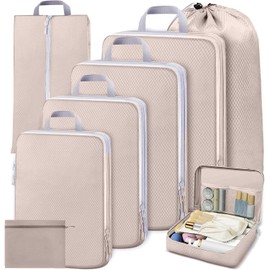 MCSWSEE Bolsa Organizador de Viaje para Maletas Compresión, 8 Piezas Organizador de Viaje para Maletas Compresión, Bolsas de Equipaje Impermeable para Cosméticos, Ropa, Zapatos (Beige)