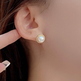 Yienate Boho Pearl Stud Earrings Vintage Gold Round Pearl Earrings Statement Geometry Imitation Pearl Dangle Earrings Minimalist Bridal Pearl Earrings Jewelry for Women