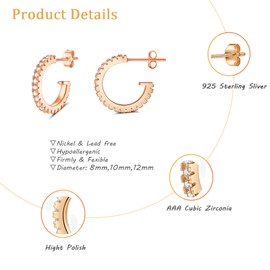 wynn's Sterling Silver Hoop Earrings, C Shape Half Open Cubic Zirconia Hoop Earring, Silver Stud Earrings, Tiny Cartilage Huggie Studs Sleeper Piercing Earring for Women Girls, Rose Gold Earrings Set