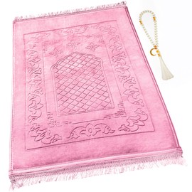 YAZEIN Muslim Prayer Rug with Tasbih Prayer Beads, Soft Large Prayer Matt Islam, Padded Islamic Prayer Mat Thick for Men and Women, Janamaz, Sajadah (Pink)