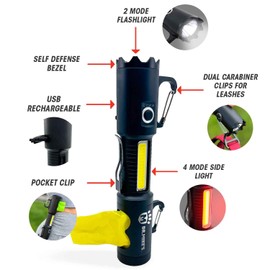 Dr. Mike's Doggie Doo All Rechargeable Flashlight with Poop Bag Dispenser, 6 Mode High Lumen Heavy Duty Flashlight with Sidelight, Self Defense Clip On Flashlight for Dog Leash with Waste Bags