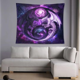 AAVEUP Yin Yang Dragon Tapestry Mysterious Dream Purple Star Asian Yin Yang Black and White Wings Divine Dragon Tapestries for Bedroom Dorm Living Room Decor 30x40in