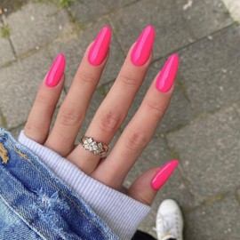 Press on Nails Almond Rose Red Fake Nails: Medium Pure Color Nails Press Ons - 24PCS Acrylic Press on Nails - Glossy Stick on Nails for Women Girls