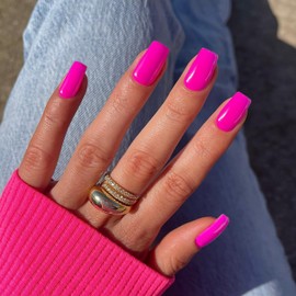 Hot Pink Press on Nails Short Medium Square Glue on Nails Set, KQueenest Vibrant Solid Color Fake Nails Short Coffin Acrylic Nails Press on, Natural Pink Nails False Nails for Women in 24 Pcs