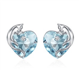 Cat Earrings 925 Sterling Silver Cute Cat Studs Earrings with Aquamarine Blue March Birthstone Crystals from Austria, Cat Jewelry Gifts for Cat Lovers