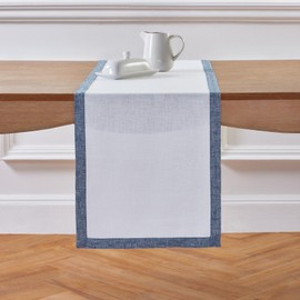 Solino Home Linen Table Runner 90 Inches Long - 100% Pure Linen Chambray Indigo and White Table Runner 14 x 90 Inch for 4th of July, Summer - Classic