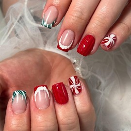 Christmas Press on Nails Short Square Xmas Hat Fake Nails Green French Tips Glossy Stripes False Nails Full Cover Reusable Stick on Nails for Women Girls New Year Manicure 24Pcs